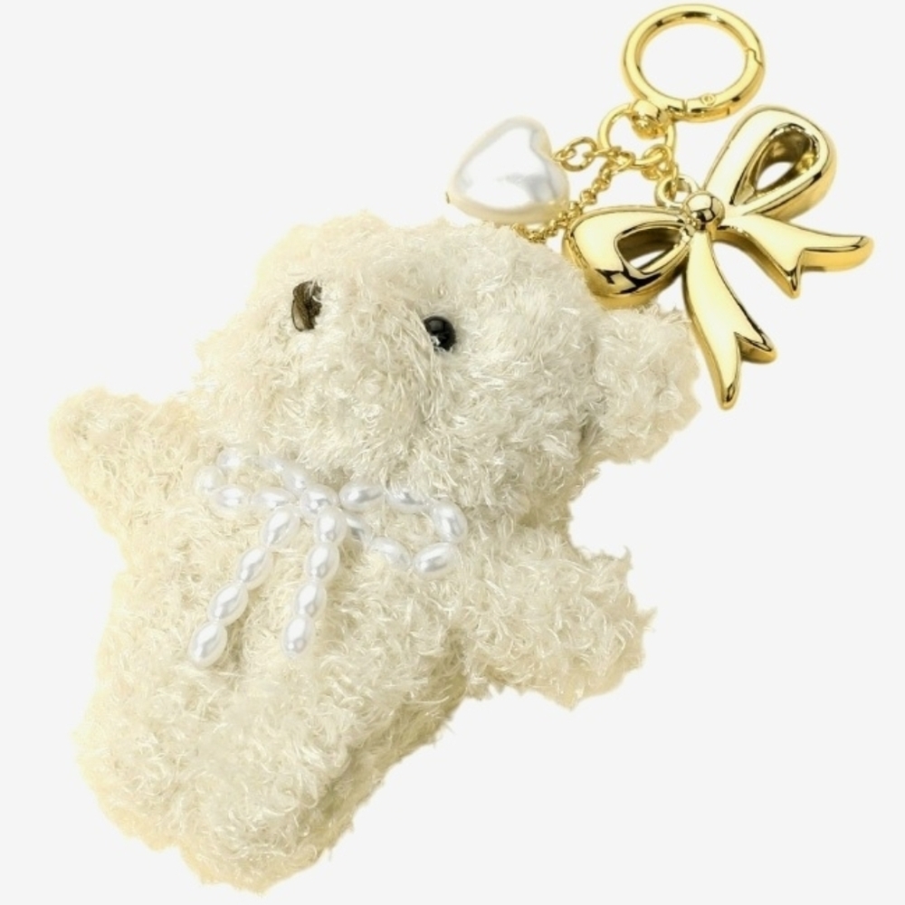 Pearl heart bow charm teddy bear plush doll keychain